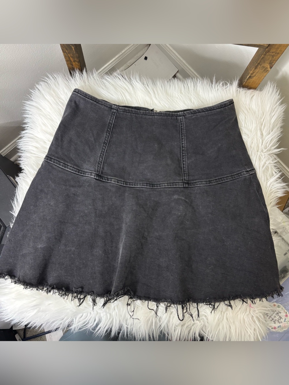Free People Washed Black Denim Mini Skirt with Frayed Hem Size 6